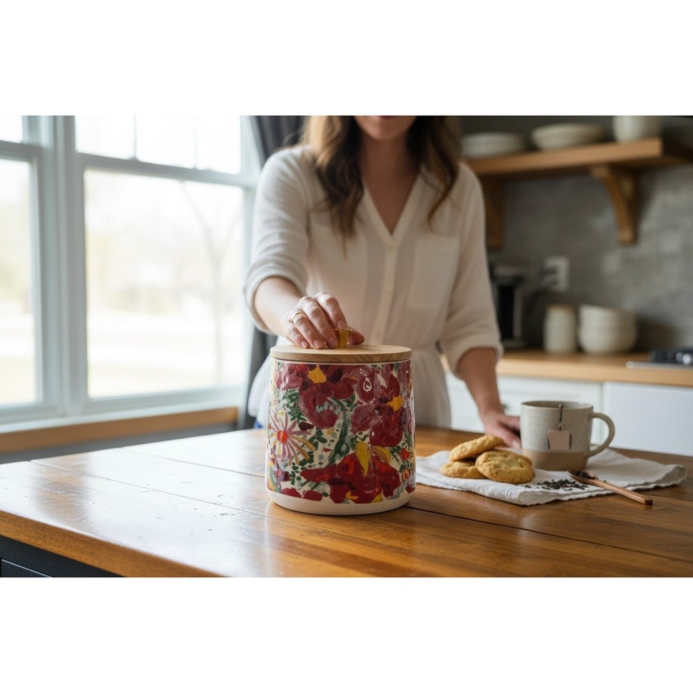 Opalhouse Floral Stoneware Canister Small 5.5x6 Red Yellow NWOT Wood Lid